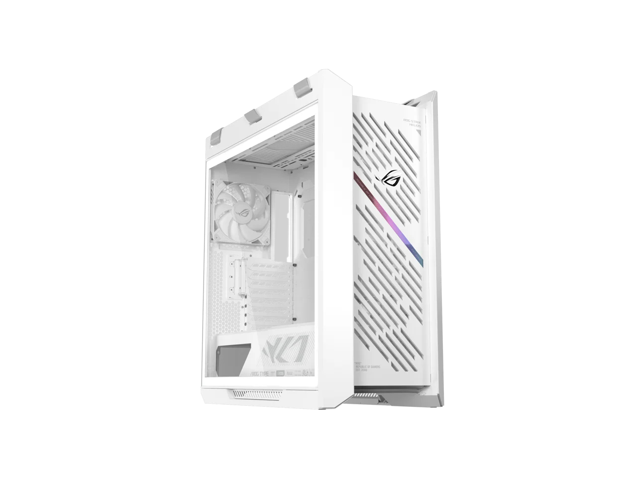The ASUS ROG Strix Helios II White Edition is an EATX mid-tower gaming PC case featuring dual tempered glass panels and an aluminum diamond-grille design, four pre-installed fans for advanced cooling,