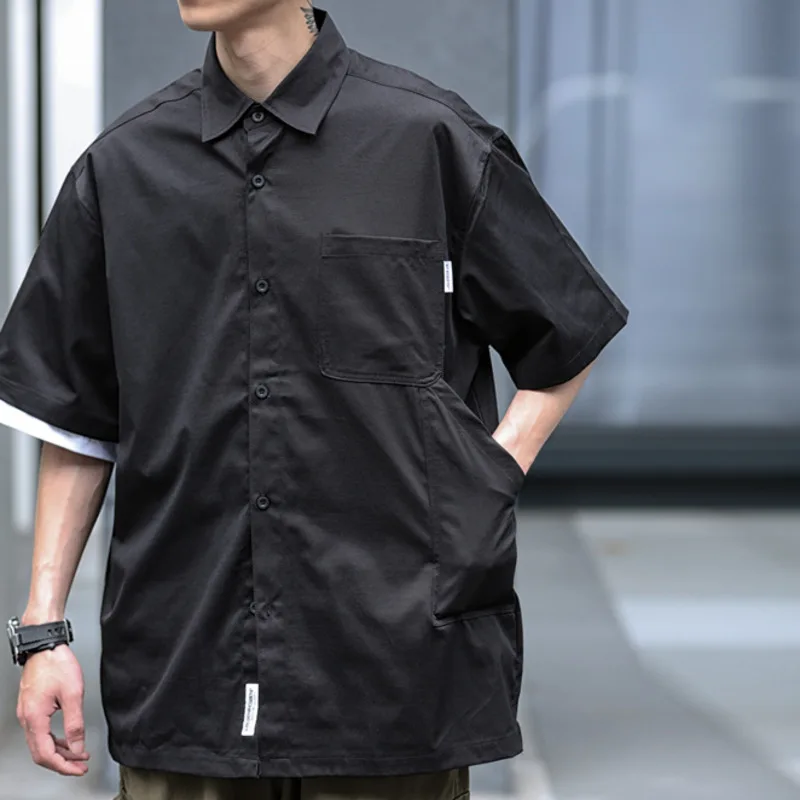 Men's summer Japanese retro short sleeved shirt, loose and versatile, fashionable solid color workwear, casual shirt jacket