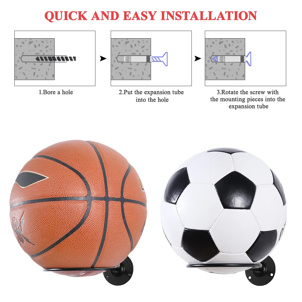 Clispeed 2PCS Wall-Mounted Ball Holders Display Racks for Basketball Soccer Football Volleyball Exercise Ball (Black)