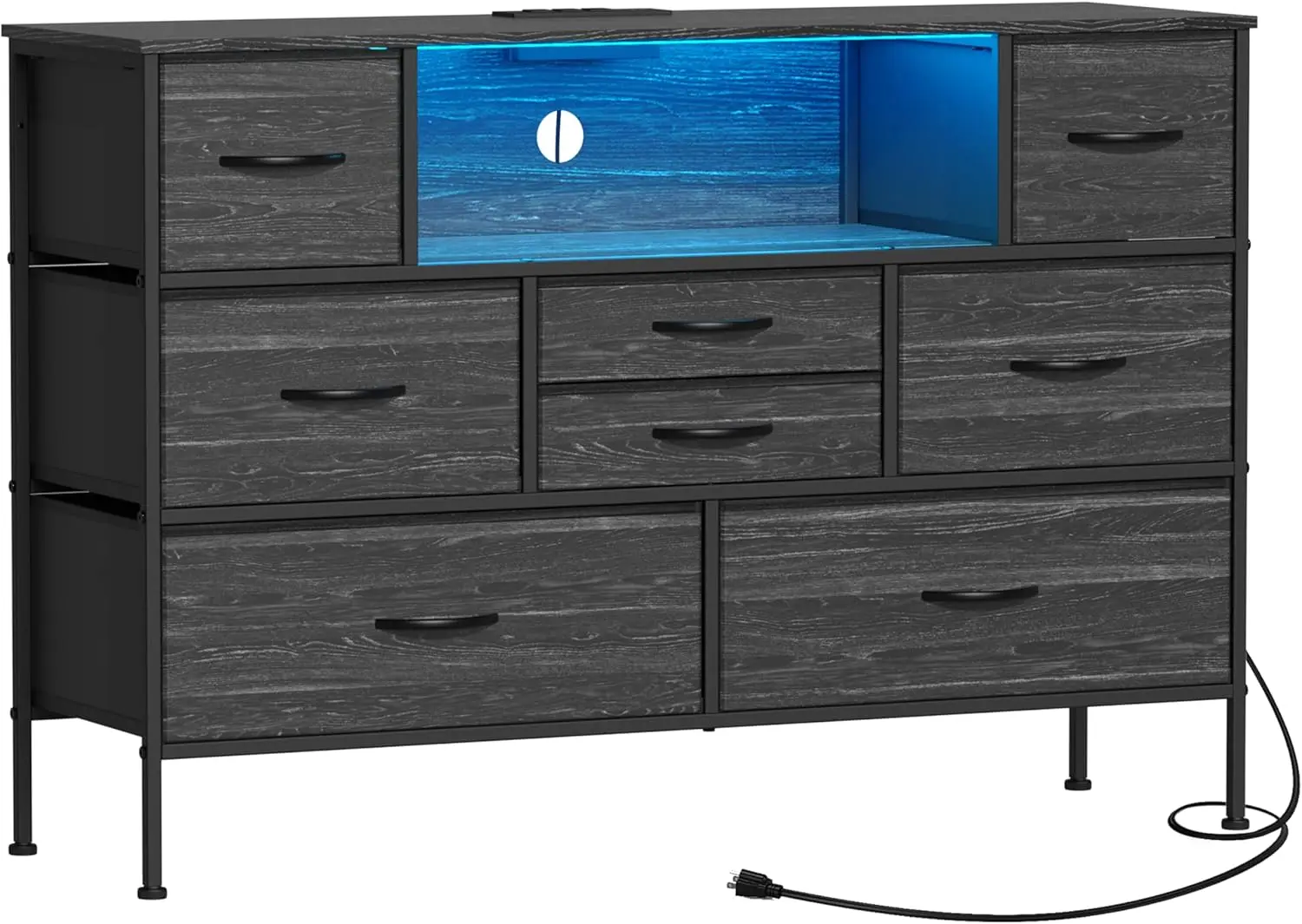 Wide Dresser with Charging Station and LED Light for Bedroom 8 Fabric Drawers Chest of Drawers with Power Outlet Storage Open