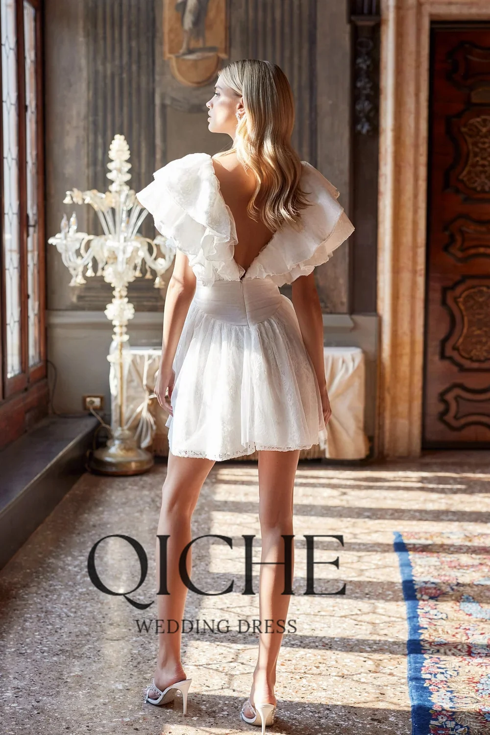 QICHE Elegant Lace Short A-Line Wedding Dresses Women 2026 Deep V-Neck Open Back Pleat Bridal Gown Customized Vestido De Novia
