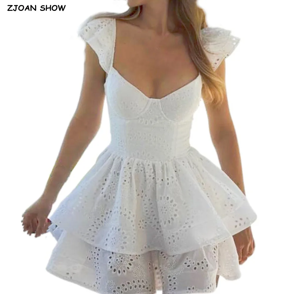 Sexy Wit Borduren Kant Pad Beha Corset stijl Houten oren Band Mini Tank Jurk Vrouwen 2 Lagen Ruches Swing Jurken Vestidos