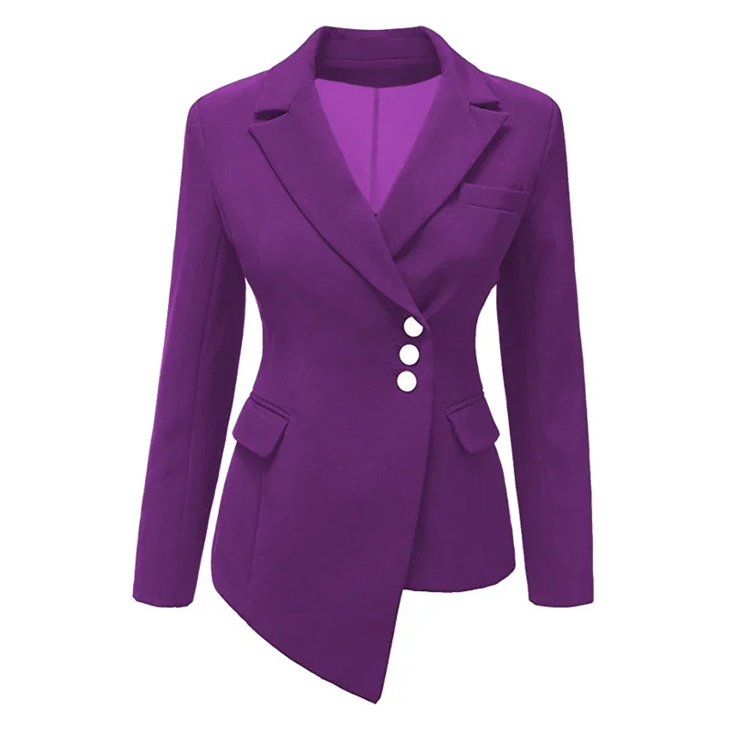Fall 2023 Women's Lapel Coat Coat Solid Color Long-sleeved Single-breasted Office Ladies Pocket Cotton Asymmetric Casual Blazer