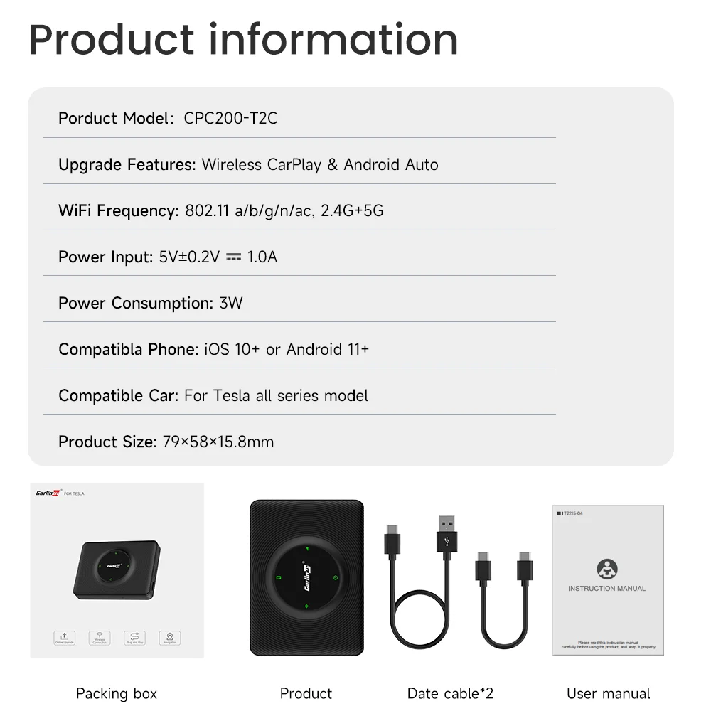 CarlinKit T2C Wireless CarPlay For Tesla Android Auto Adapter for Model 3 Model Y S X BT Connect No SIM Card Tesla CarPlay Box