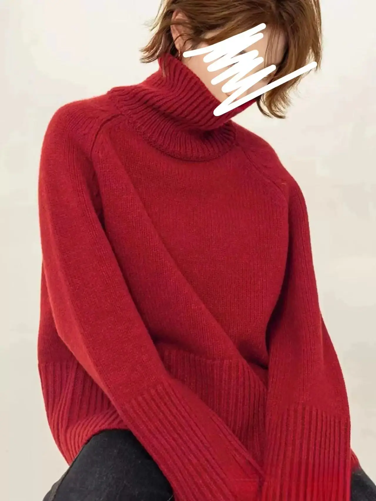 

Thickened Long Sleeve High Collar Sweater Women's Loose Style Commute Style Red Color Autumn Winter Fashion Casual Knitwear