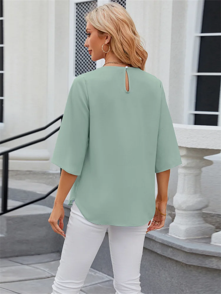 Women Spring Summer Style Blouses Shirts lady Casual Half Sleeve O-Neck Loose Green color Blusas Tops DF5005