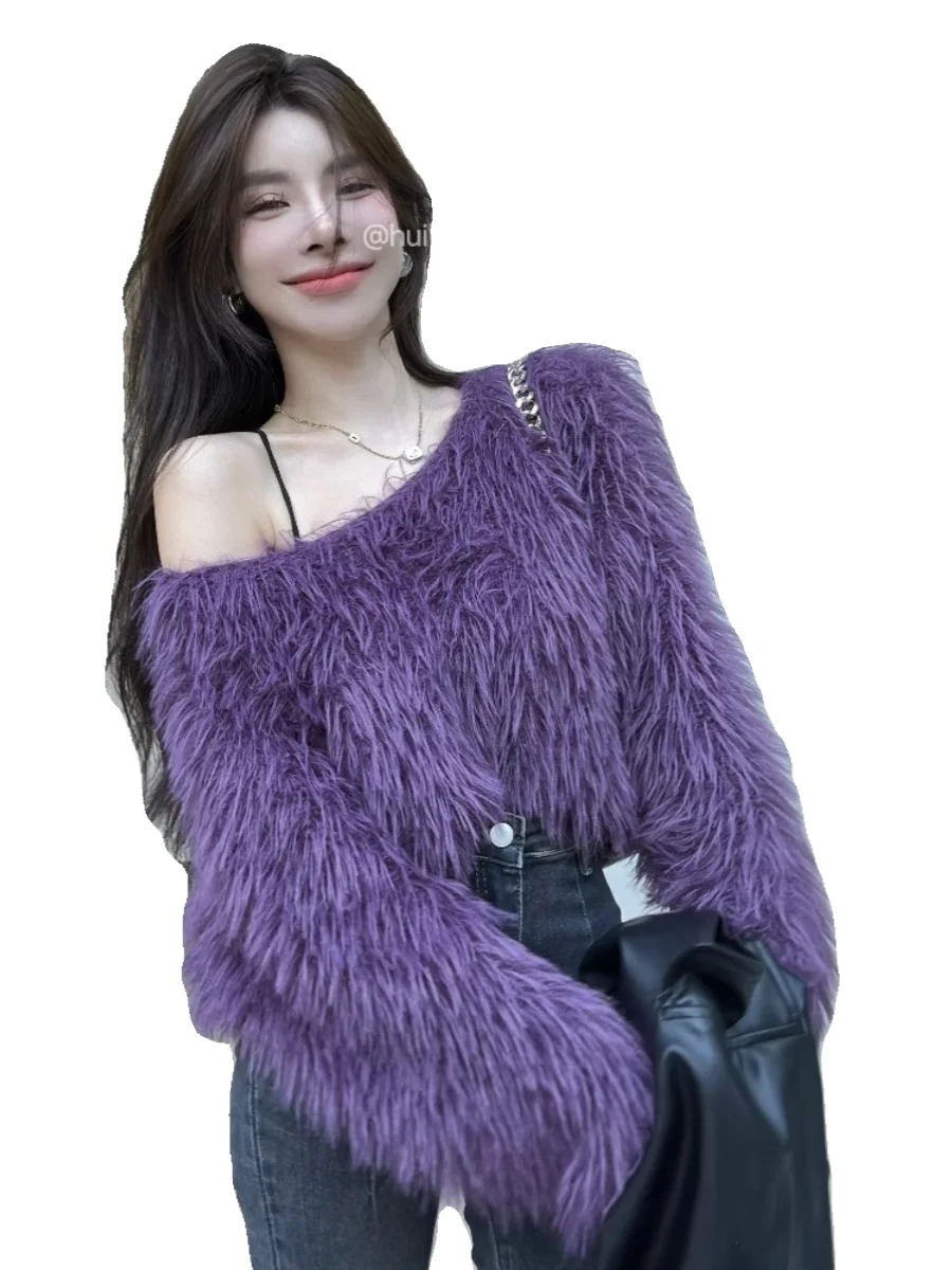Women\'s Purple Gothic Pullover Knitted Sweater Harajuku Korean Y2k Long Sleeves Jumper Sweaters Vintage 2000s Clothes Autumn