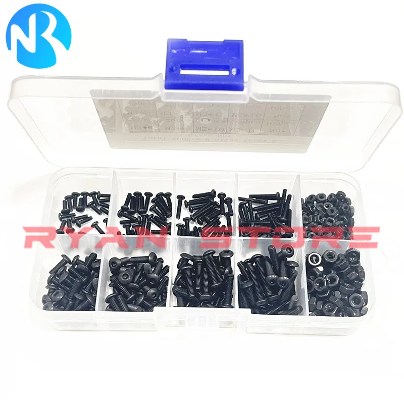400pcs M2 M3 Allen Hexagon Socket Button Head Screw Bolt Hex Nut Set Mix Assortment Kit Box Black Grade 10.9 Steel