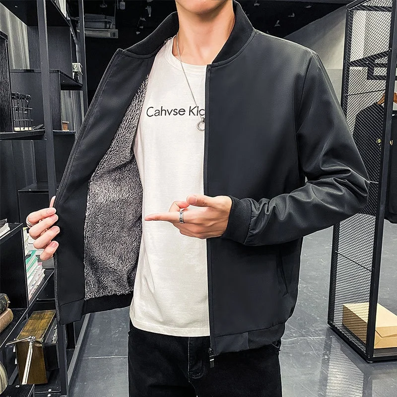 ゆったりとしたカジュアルなメンズジャケット 秋冬 ファッショナブルな韓国スタイル 厚手フリース スタンドカラー 長袖 レギュラー丈