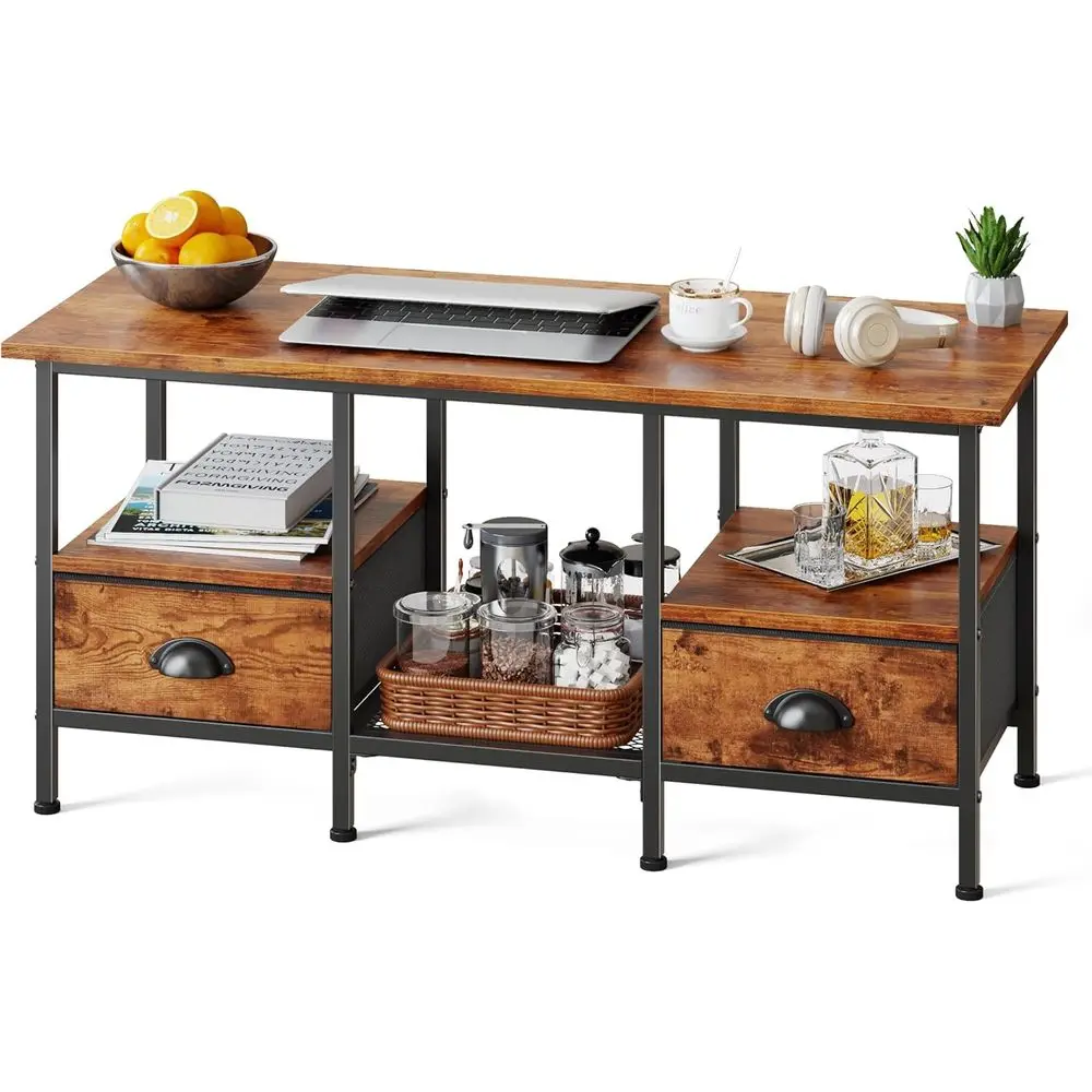 

35" Coee Table with 2 Storage Ders, Small Coee Tables or Living Room, Industrial Center Table with 2 Tier Storage Shel, Rustic B