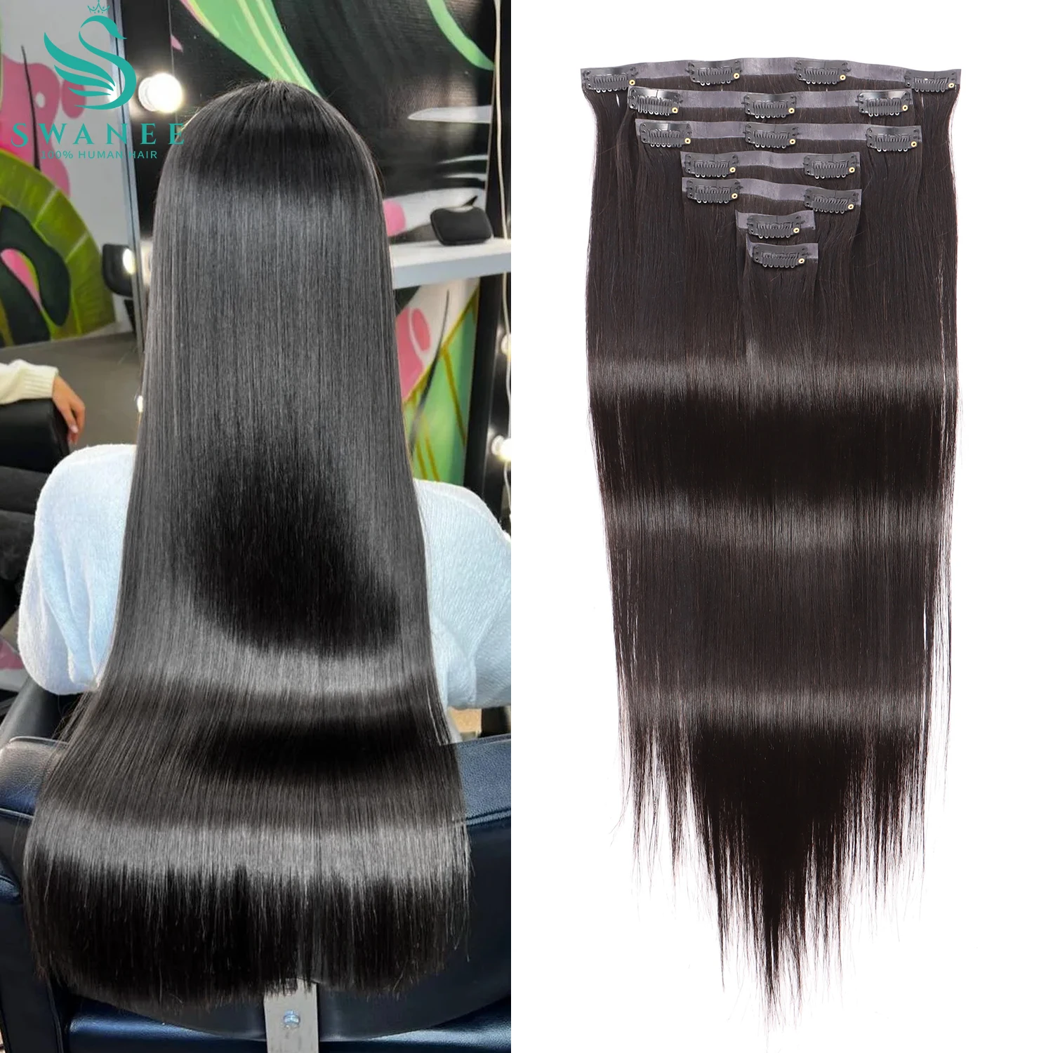 SWANEE Straight Clip in Hair Extensions Natural Black Double Weft Clip in Human Hair Extensions Brazilian Remy Hair for Women