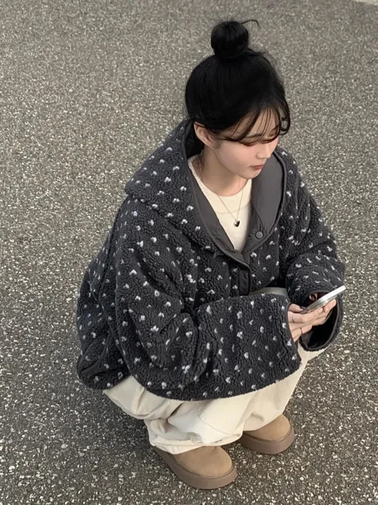 الكورية Sle ort Thiened القطن اصطف مزدوجة الوجهين ارتداء القلب منقوشة فرو الضأن Jaet المرأة لطيف مكافحة الشيخوخة تصميم أعلى #4