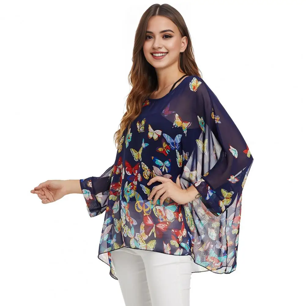 Women Bikini Cover Up Round Neck 3/4 Batwing Sleeve Chiffon Beach Tops Butterflies Print Ultra-thin Sun Protection Clothing