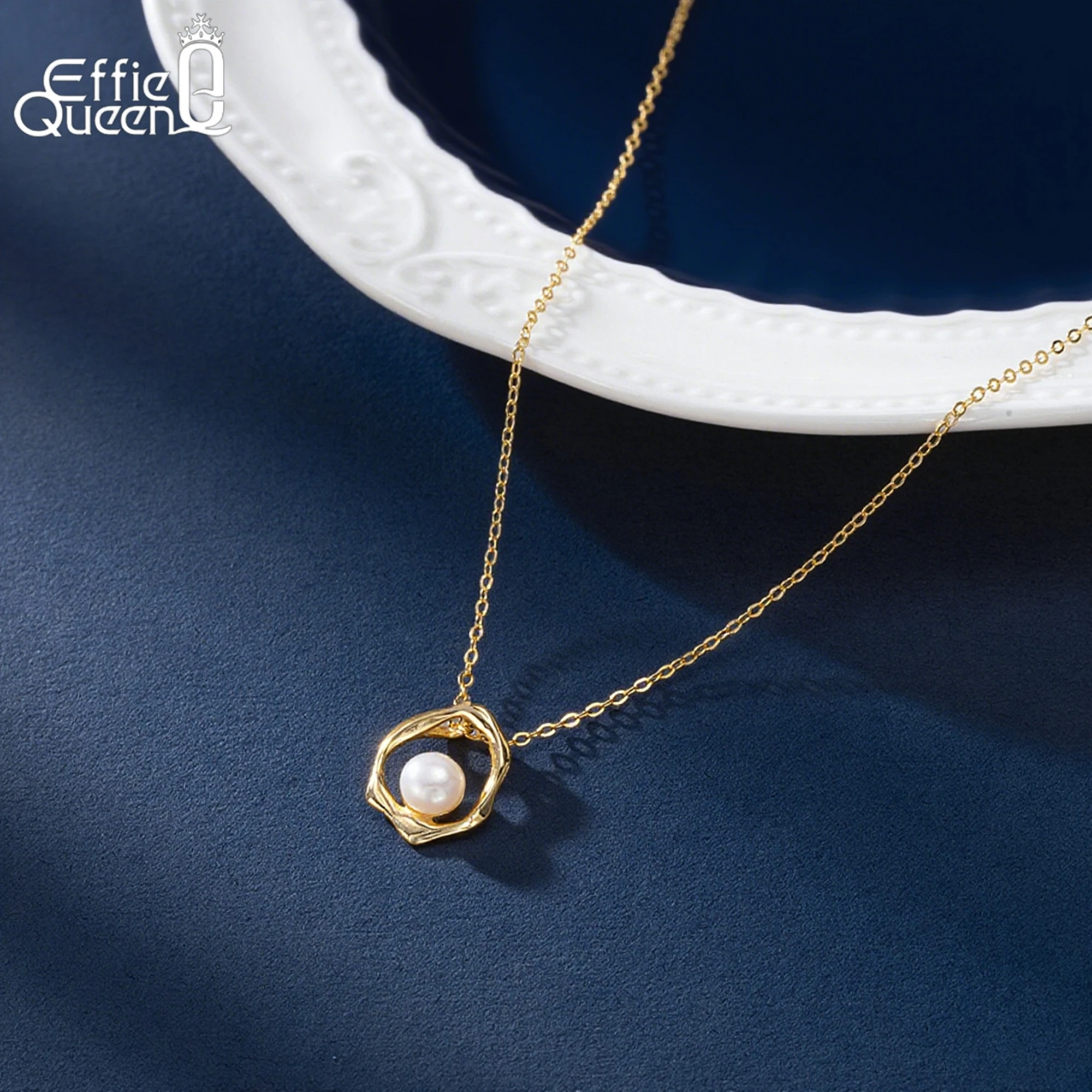 

EFFIE QUEEN Модное ожерелье 2025 года, золото 14 карат, очаровательный кулон из стерлингового серебра 925 пробы с роскошным жемчугом, идеальный подарок GPN44
