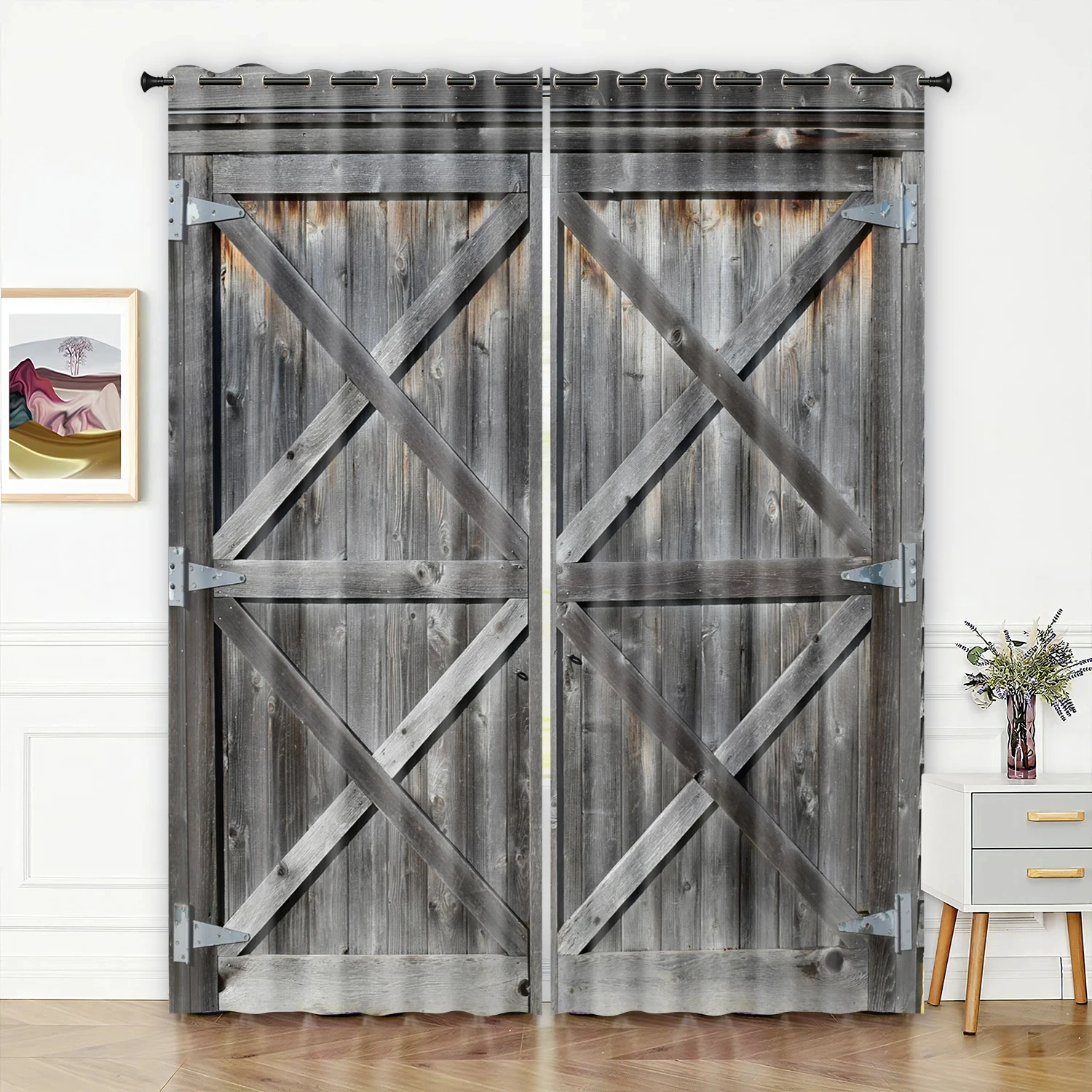 Retro Wooden Door Texture Vintage Barn Curtains for Bedroom Living Room Kitchen Window Curtain Modern Home Room Decor 2 Panels