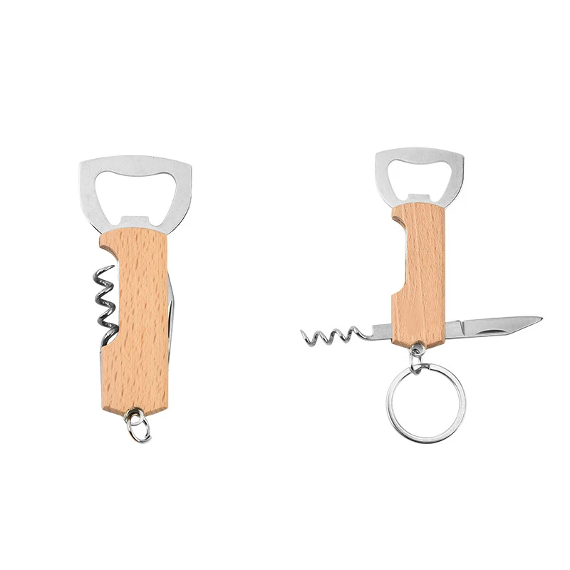 

Portable Multi-Functional Beer Bottle Opener with Keychain, Beech Wood Corkscrew Wine Opener, Can Opener, Personalised Logo Gift