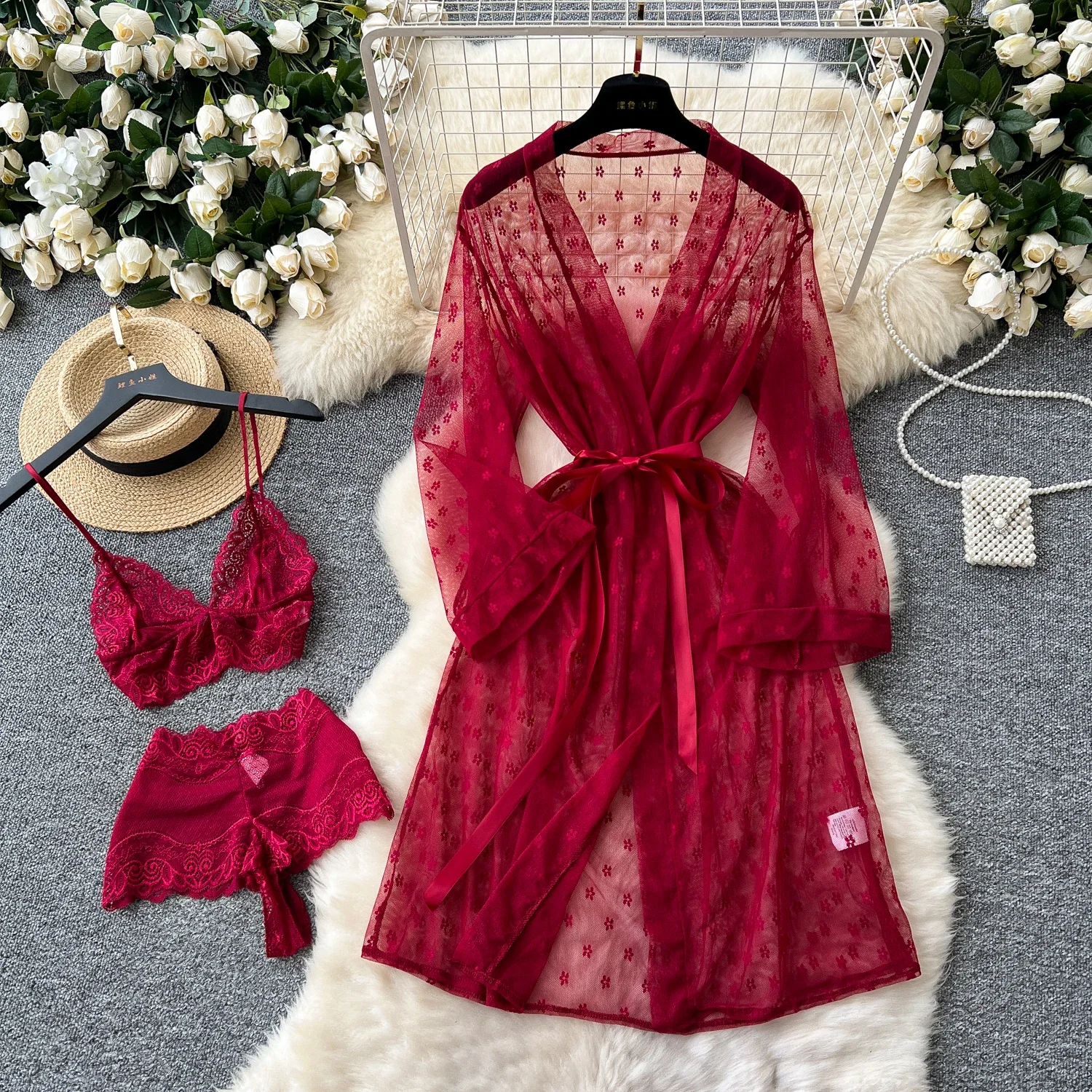 

SINGREINY Lace Sheer Sexy Cardigan Robes Underwear Sets Fashion Camis Short Mini Lingerie Women Transparent Gauze Robes Suits