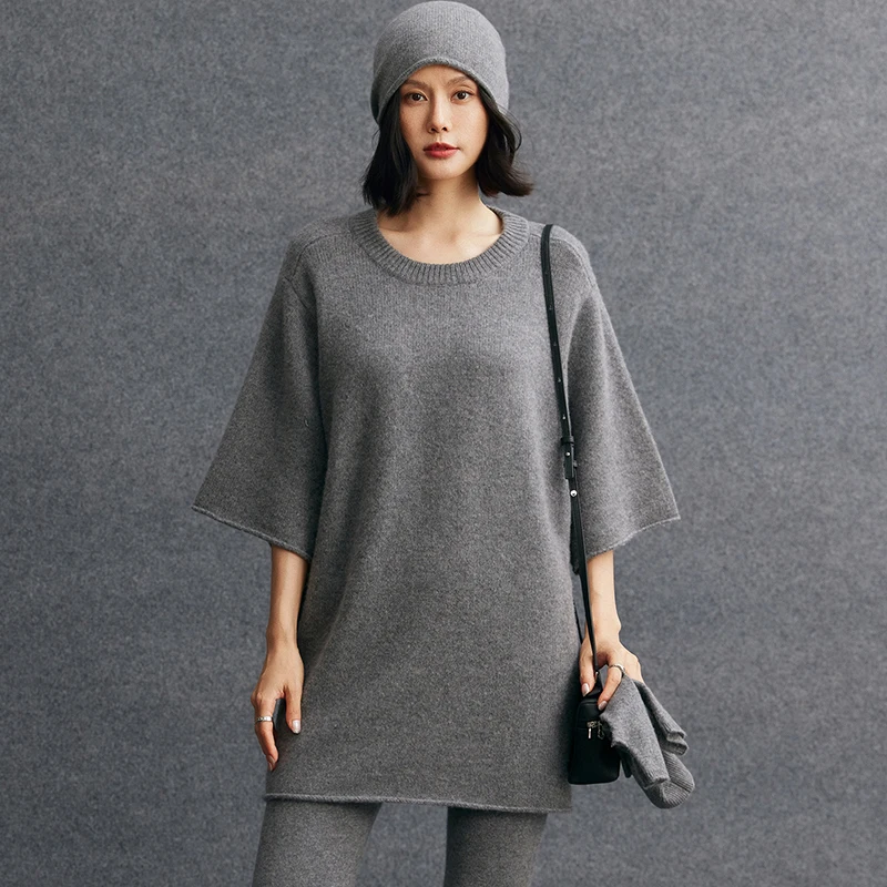 

100% cashmere two-piece round neck mid length knitted sweater short sleeved tight high waisted leggings women's matching set