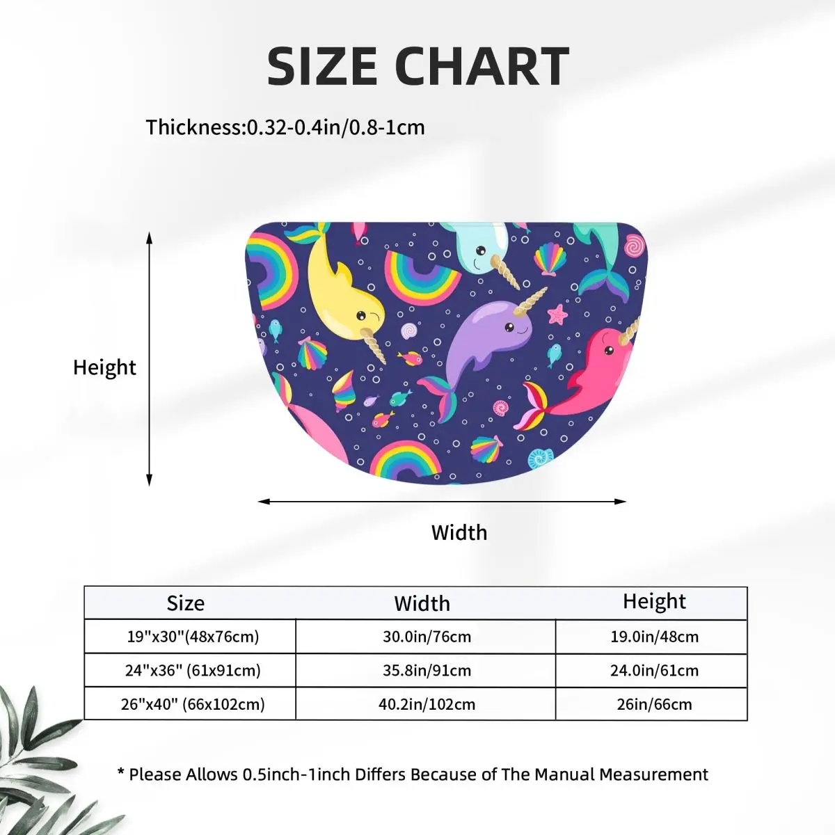 Rainbow Narwhals Under The Sea Blue Soft Flannel Half Round Doormat Non Slip Bathroom Mat Absorbent Floor Carpet for Living Room