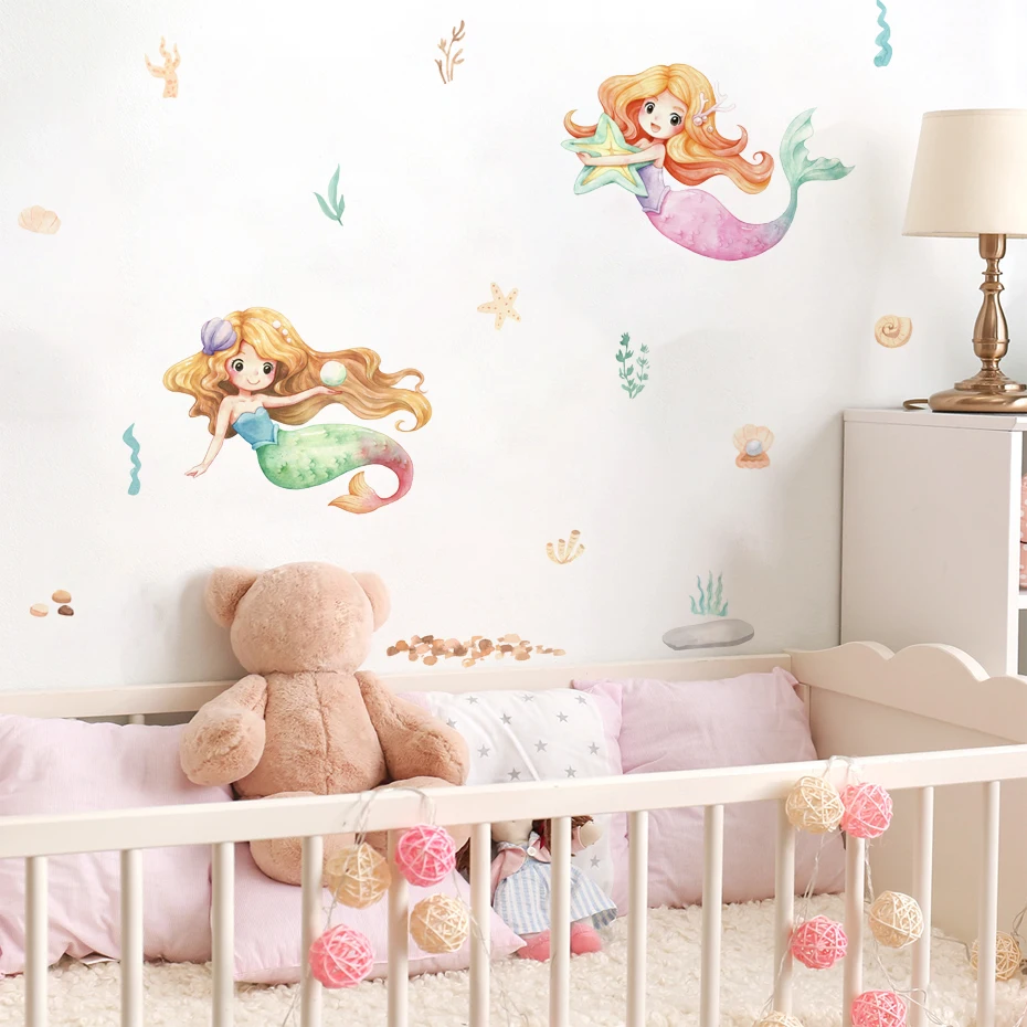 Cartoon Lovely Mermaid Princess Ocean Watercolor Nursery Wall Stickers for Kids Room Girls Room Decor Wall Decals Mural
