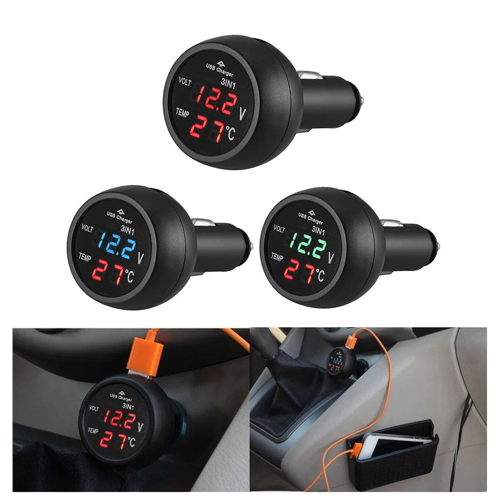 3 in 1 12/24VCar Volt Meter Digital LED Car Cigarette Lighter Voltmeter Thermometer Car USB Charger Current Meter Volt Detector 