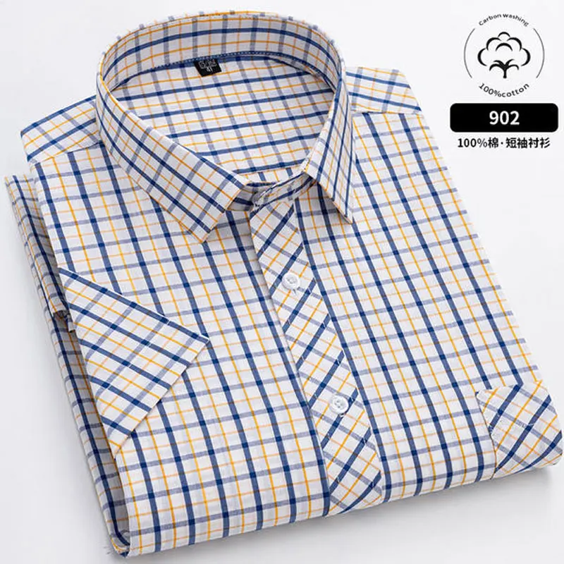 6XL Men\'s shirt Short sleeve Spring summer 100% cotton plaid Oxford non-ironing anti-wrinkle plus size casual shirt slim fit