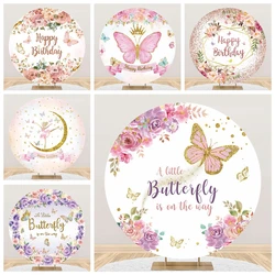 Butterfly Round Backdrop for Photography Cover Pink Flower Princess Girl's Baby Birthday Party Circle Photo Background Decor