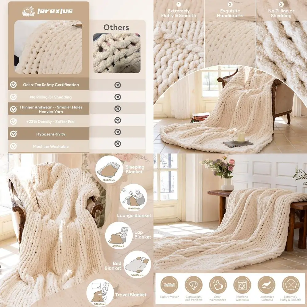 

Luxurious Cozy 60x80 Chunky Knit Throw Blanket, 100% Woven Rope Knot, Sofa/Couch Decor, Machine Washable, Cream