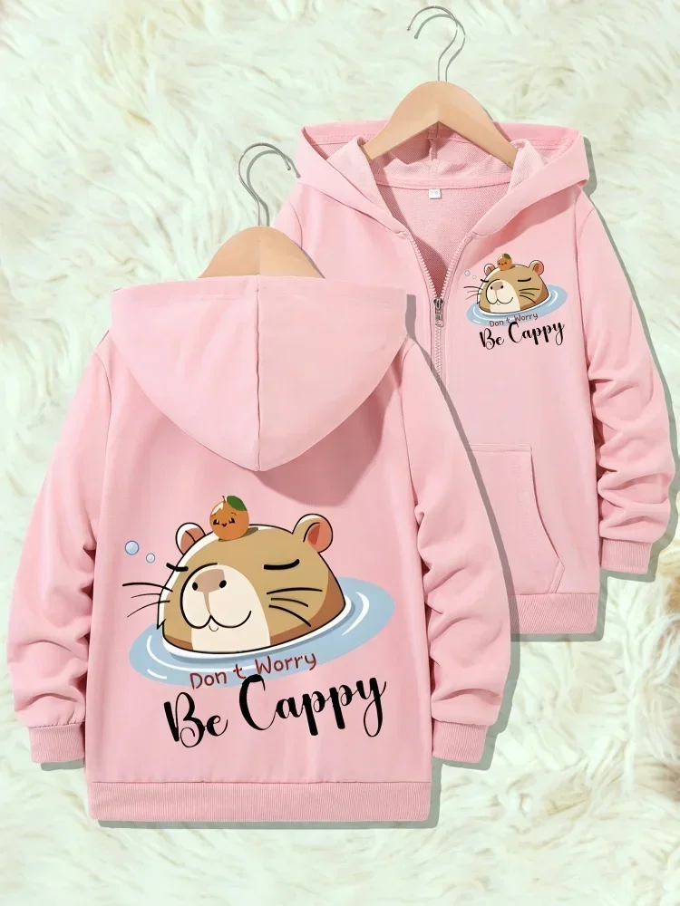 Kids Zip Up Hooded Jacket Cute Capybara Don t Worry Be Cappy Fruit Graphic Front Back Print Long Sleeve Pocket Casual Outer Coat