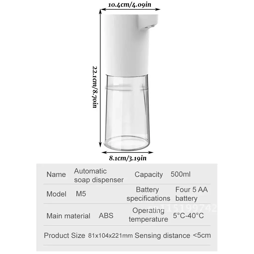 Automatic Foam Dispenser 500ml Induction Bathroom Hands-Free Foaming IR Sensor Touch Container