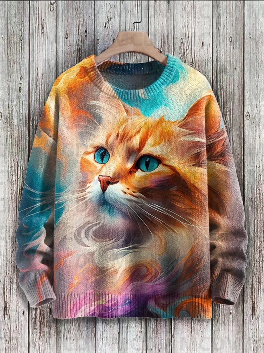 

Multicolor Cute Cat Art Print Knit Pullover Sweater Women For Men Sweater