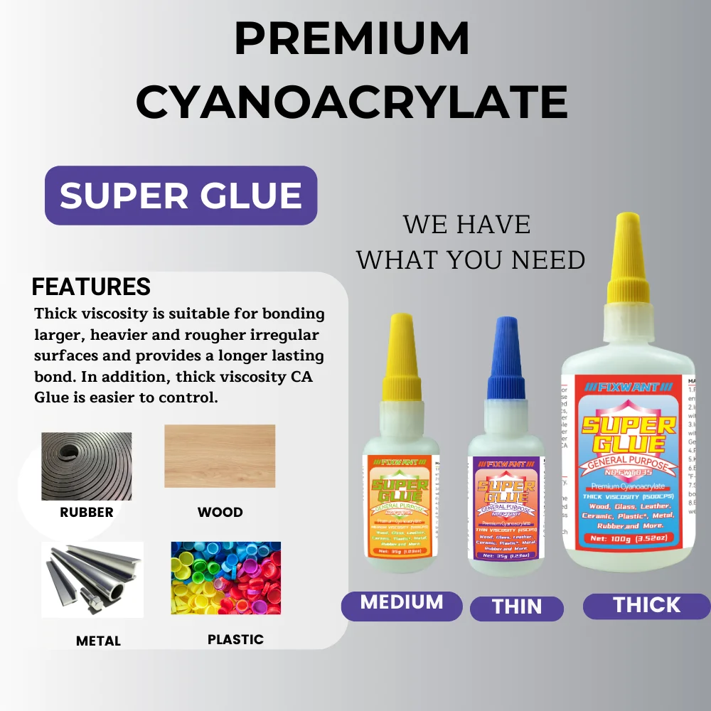 FIXWANT General Purpose Premium Cayanocarylate Adhesive Thin Medium Thick Liquid Super Glue for PVC Wood Metal Plastic and More