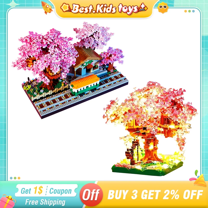 Pot Plants Blocks Bricks City Mini Sakura Tree House With Lights Cherry Blossom House Model Building Blocks Toys For Kids Gifts