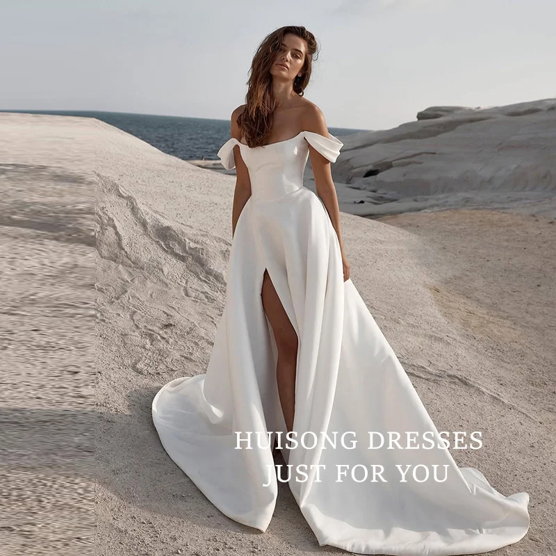 

HUISONG Customized Satin Wedding Dresses Sleeveless Off the Shoulder A-Line Beach Bridal Gown vestidos de novia