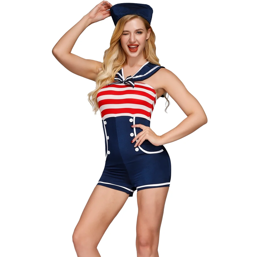 F1872 Sexy Women Navy Costume Stripe Sailor Jumpsuit Halloween Fancy Dress