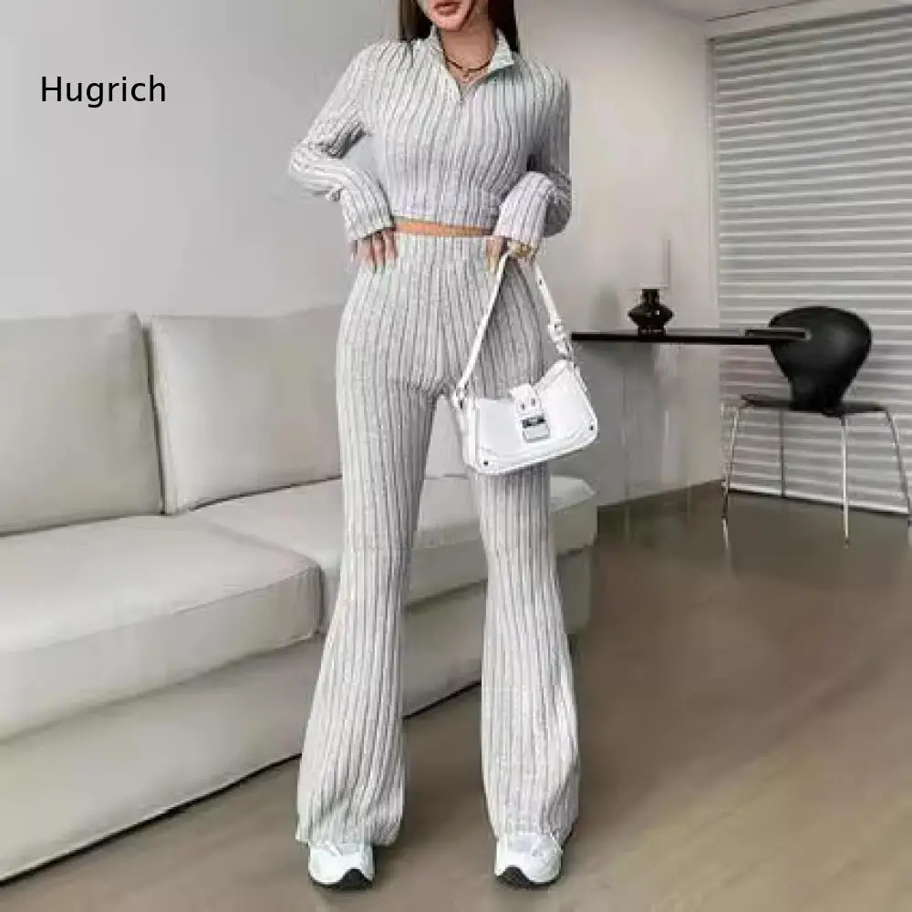 Casual Matching Two Piece Set For Women Rib Knit Half Zipper Long Sleeve Crop Top And High Rise Flare Trousers Outfit