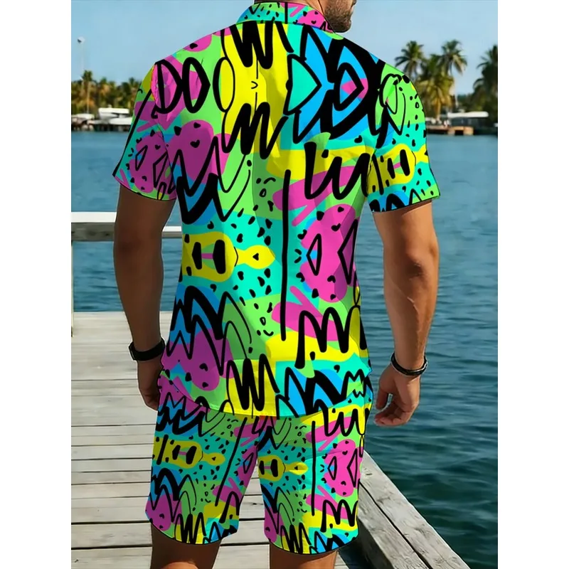 Men's Colorful Printed Short Sleeve Shirt Shorts Set Polyester Lightweight Beachwear Outdoor Casual Summer Vacation Party Wear view 2