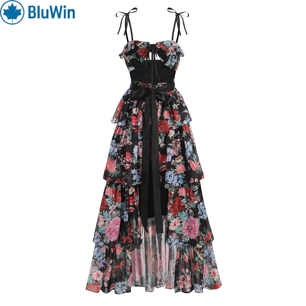 

BluWin Sexy Floral Print Bustier Cami Crop Top & Tiered Ruffle Mini Skirt Set – Midriff-Baring Two-Piece Dress
