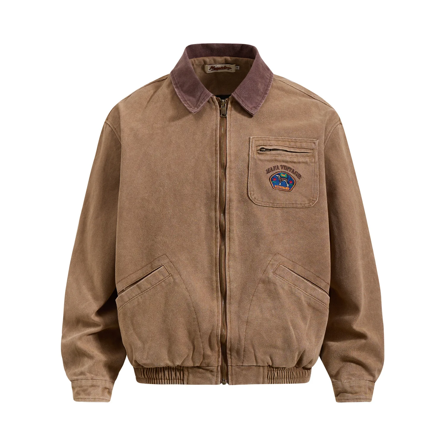 Men Vintage Washed Canvas Work Jacket Collar Zip Up Coat, Embroidered Patch Multi Pocket Elastic Streetwear Worker Outerwear