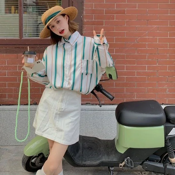 

Весенне-осенняя новая стильная простая женская рубашка с длинным рукавом в бело-зеленую полоску, повседневная свободная модная блузка