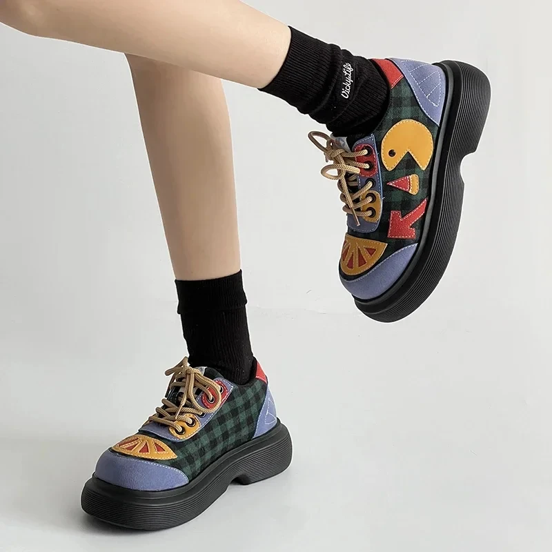 Women Chunky Heel Ankle Boots Colorful Patch Platform Walking Shoes Soft Sole Fashion Casual Sneakers for Autumn Spring