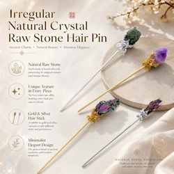 VGDS Natural Crystal Iron Rough Raw Ore Amethyst Teeth Classical Chinese Style Golden Hairpin Silvery Elegant Jewelry For Women