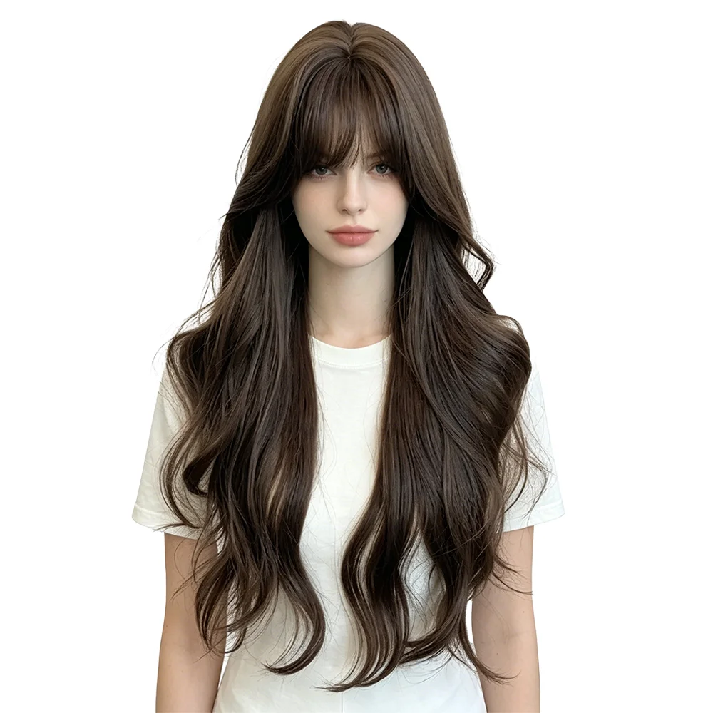 

Long Wavy Wig With Bangs Dark Ash Brown Natural Looking Fluffy Layered Synthetic Hair For Women Heat Resistant Daily Party Wear