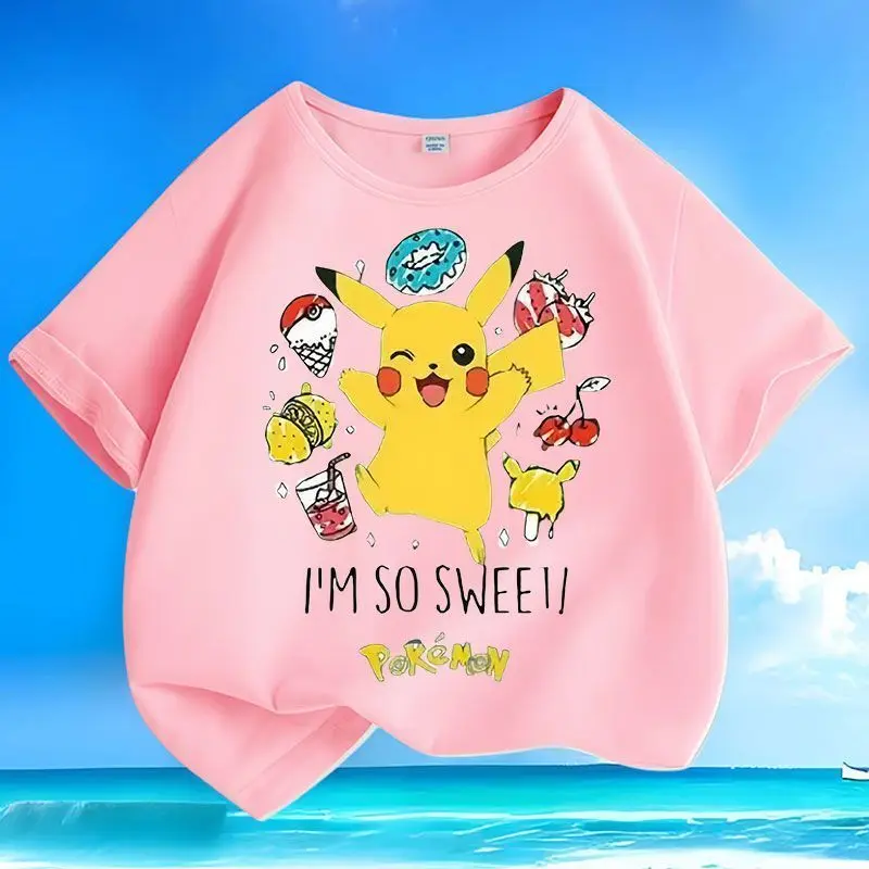 Nuevo Novedad de verano, camiseta Universal de manga corta con dibujos animados de Pok É Mon Pikachu para hombres y mujeres, Top holgado de cuello redondo de algodón puro