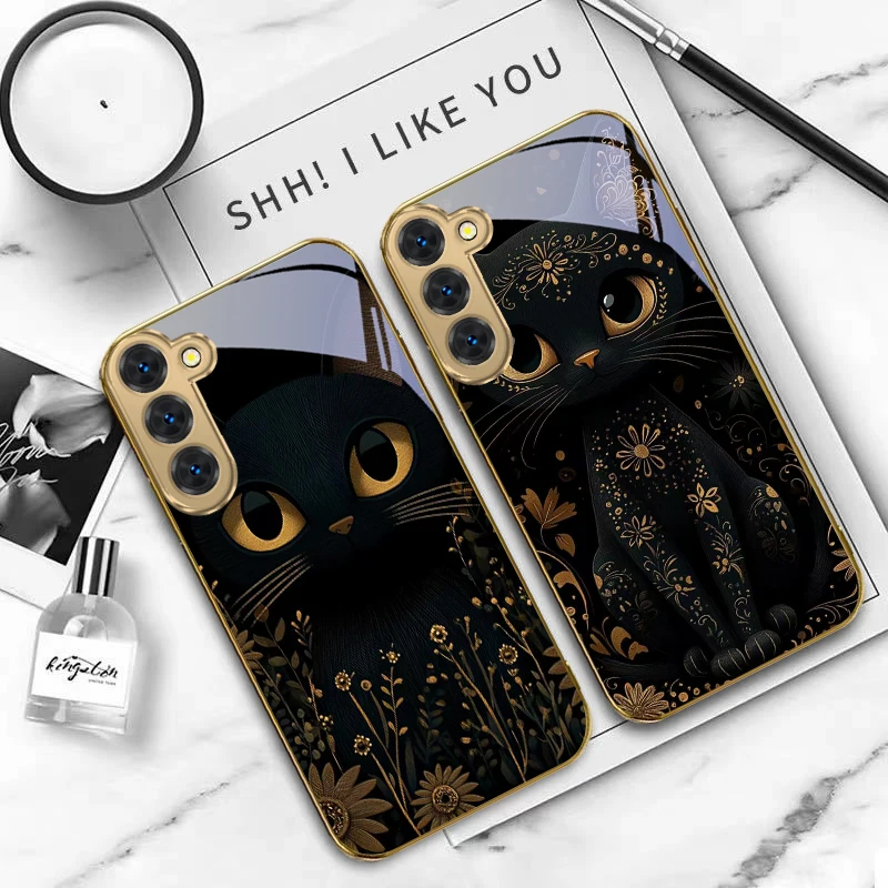 삼성 갤럭시 S20 FE S21 S22 S23 플러스 S24 울트라 S25울트라 S21+ S9+ S22플러스 골든 글래스 폰 케이스용 환상적인 검은 고양이