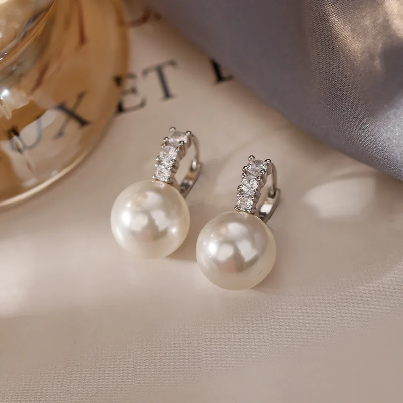 

925 Sterling Silver Hoop Earrings Temperament Simple pearl for Women Wedding Jewelry Accessories