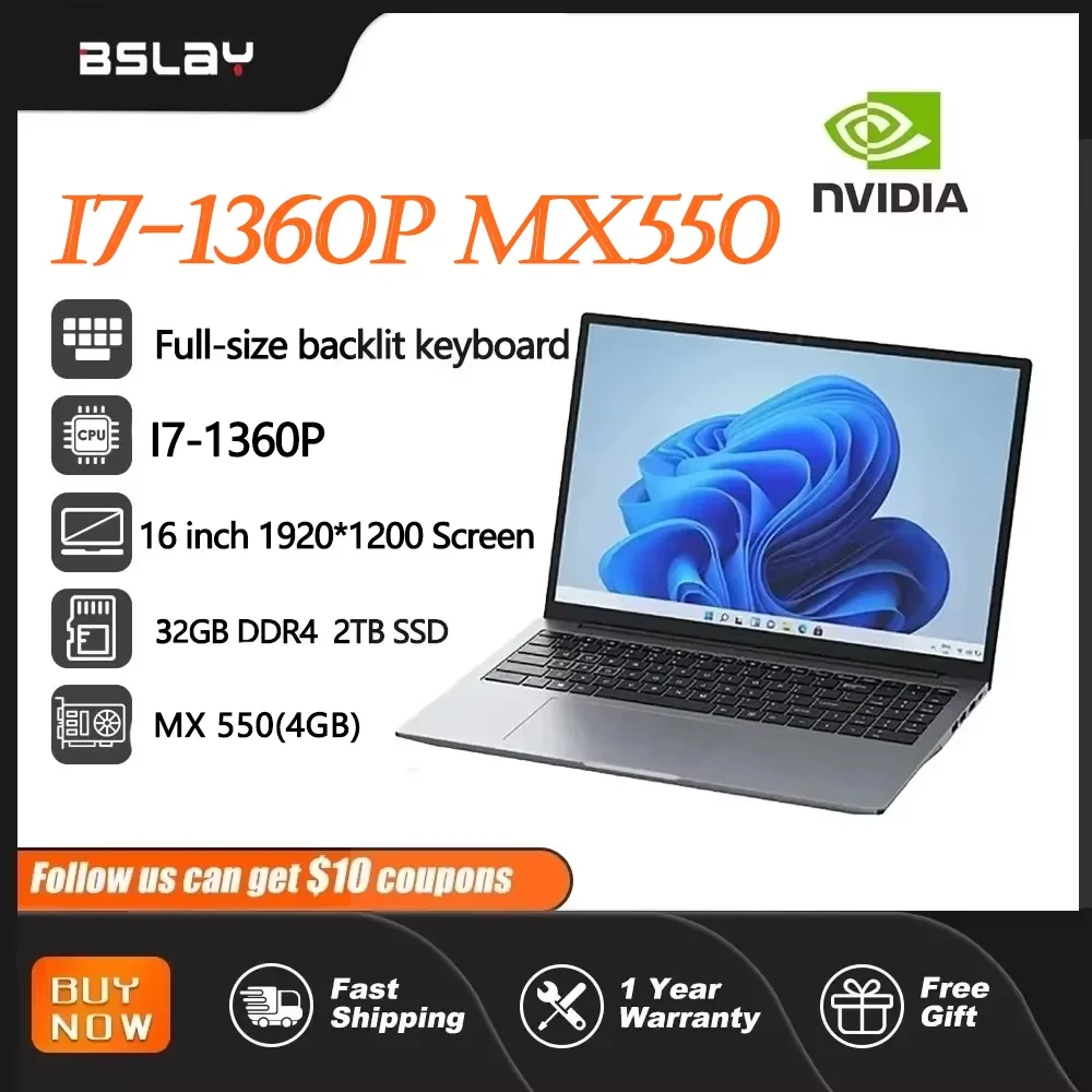 Gaming Laptop 16 Inch Intel Core I7-1360P NVIDIA MX550 4G 32GB DDR4 2TB SSD Window 11 12 Cores 16 Threads Portables Netbook