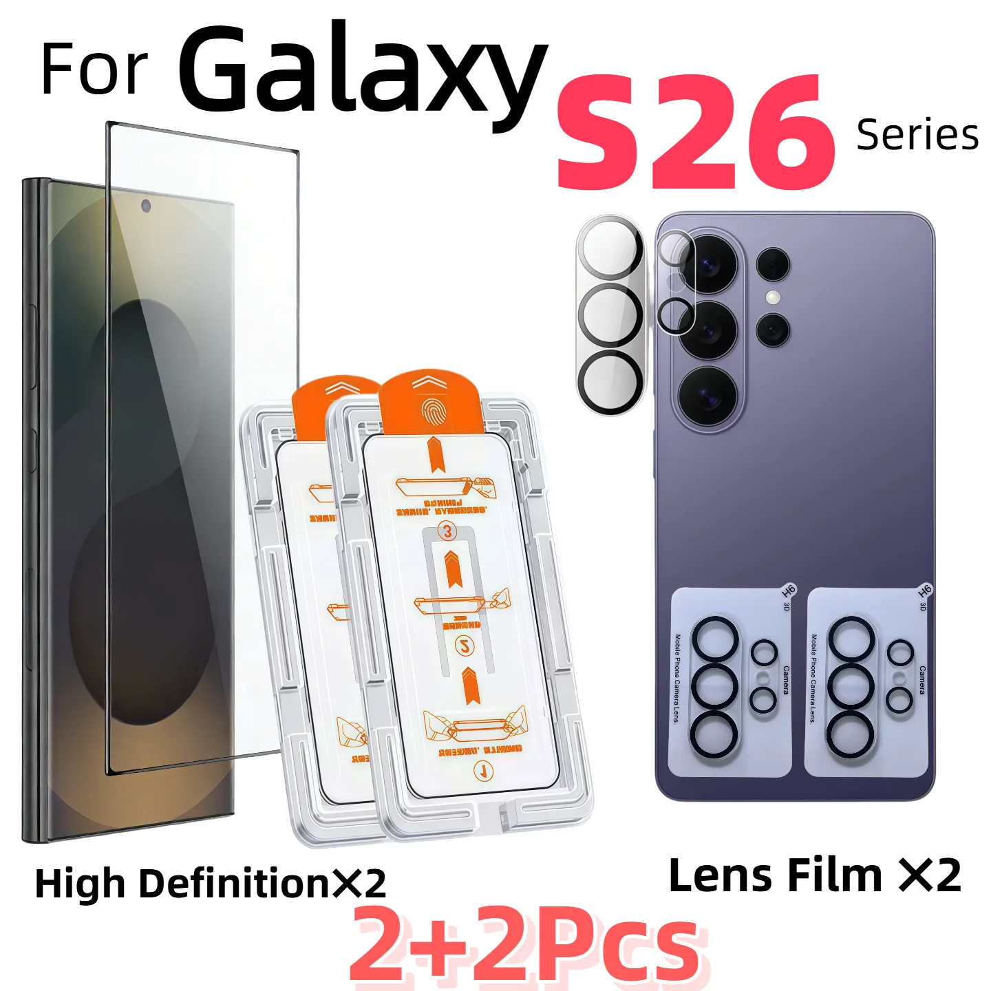 

【2+2】2 Pieces Tempered Glass Screen Protector + 2 Pieces Camera Lens Protector for Galaxy S26 S26Plus S26Ultra Easy Installation