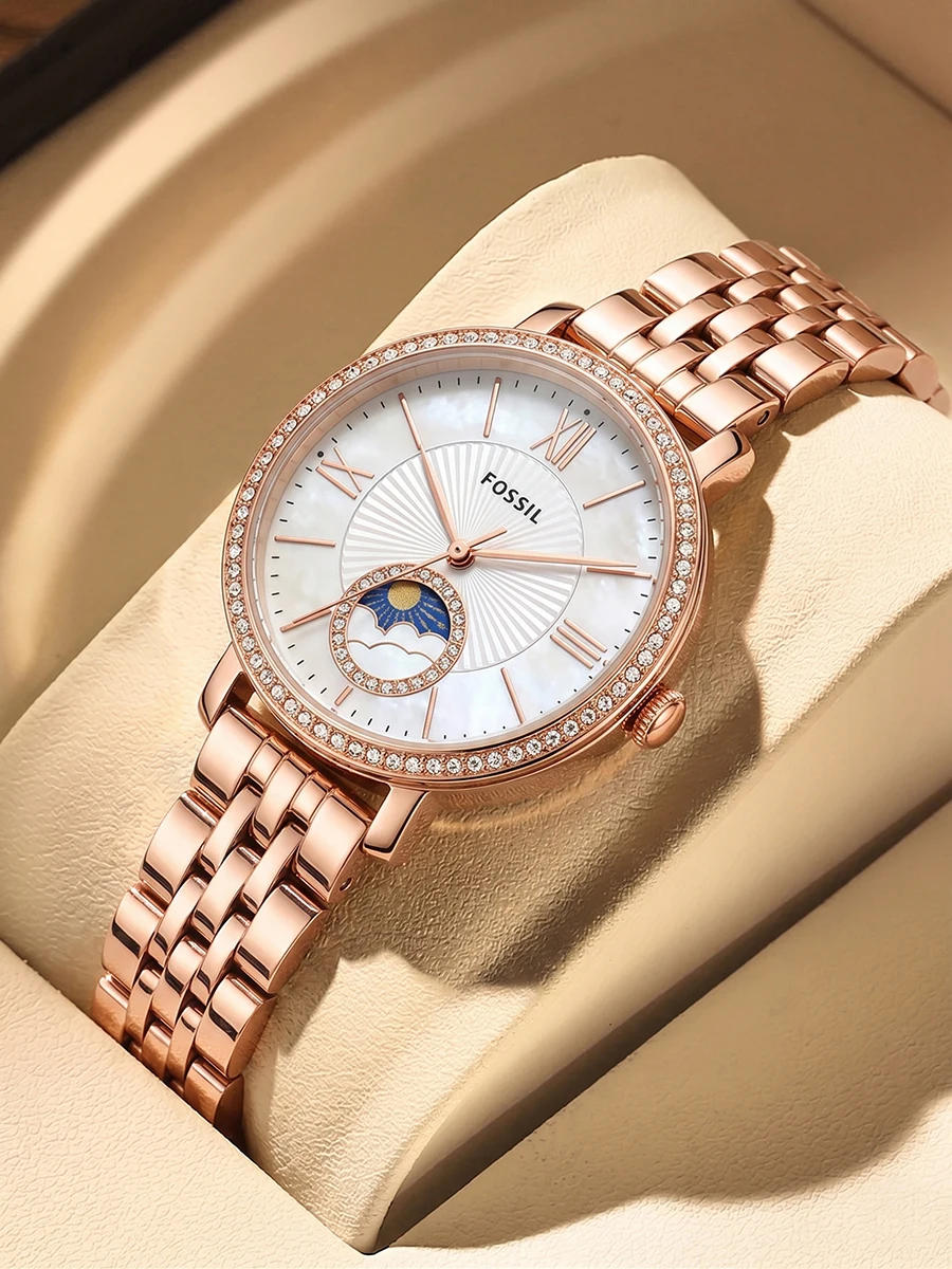 Fossil ES5165 Women Watch Rose Gold Stainless Steel Mesh Sun Moon Phase Multifunction Quartz Waterproof Elegant Wristwatches