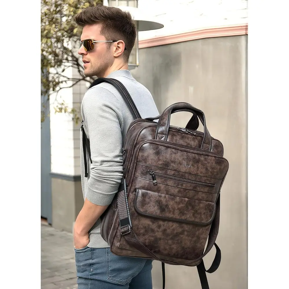 Sac à dos pour ordinateur portable Shrrie pour femmes et hommes, 15,6 pouces, en cuir végétalien, sac à dos professionnel résistant à l'eau, sac à dos décontracté pour la journée ou pour le travail